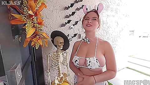 Brandy Renee busties trick or treating and gets big dick fucking