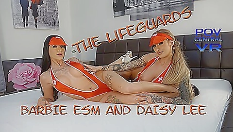 Horny brunette and blonde in VR porn doing hardcore threesome