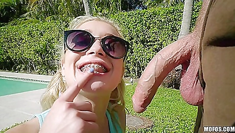 Braces in a sexy braceface and outdoor sex with a cock