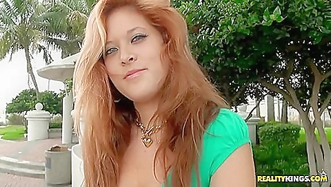 Hot sexy redhead in red dress takes off bra to fuck