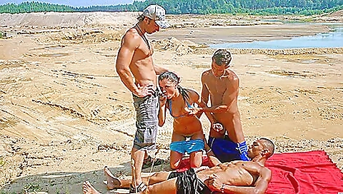 Hot brunette in black t-shirt and jeans taking double anal