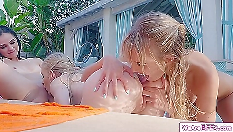 Blonde and brunette sluts get licked and fucked outdoors