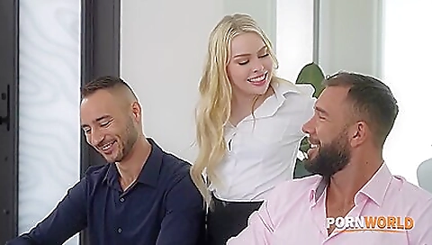 Group sex with a brunette and a redhead in a red dress