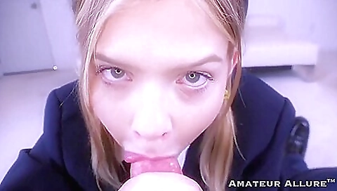 Blonde beauty with a fat ass sucks and gets facial