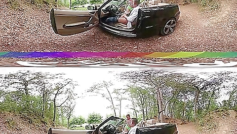 Sexy brunette in a pink top and black shorts in vr porn